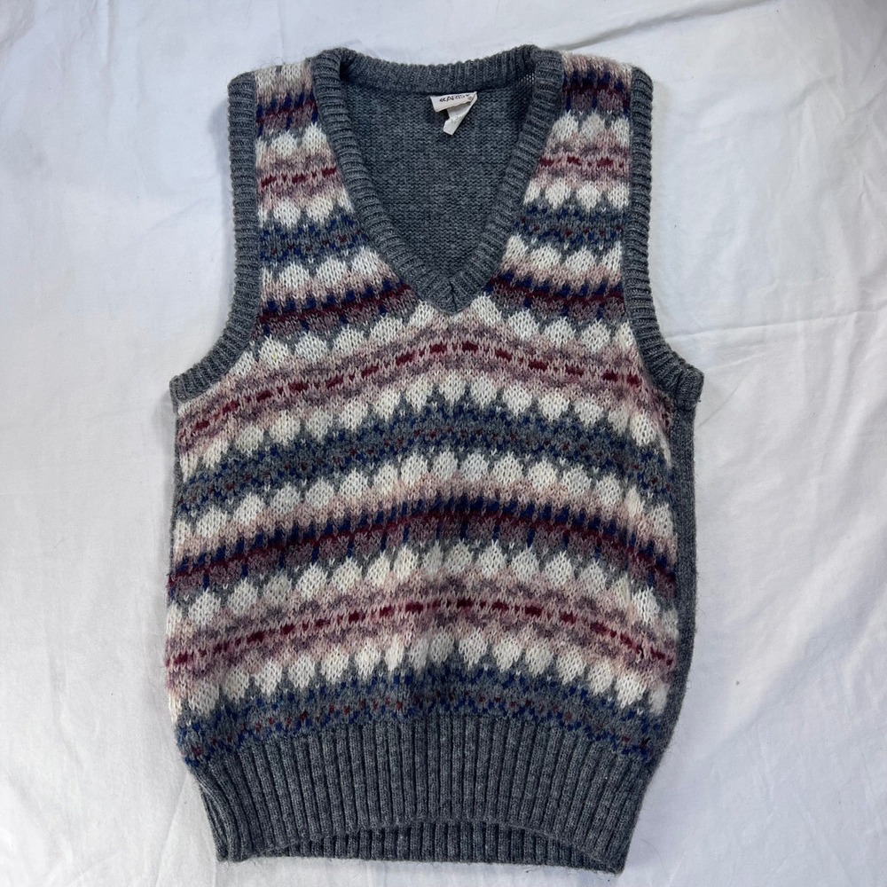 Aris Vintage Fair Isle Sweater Vest Grey Multi Orlon Acrylic V-Neck Small